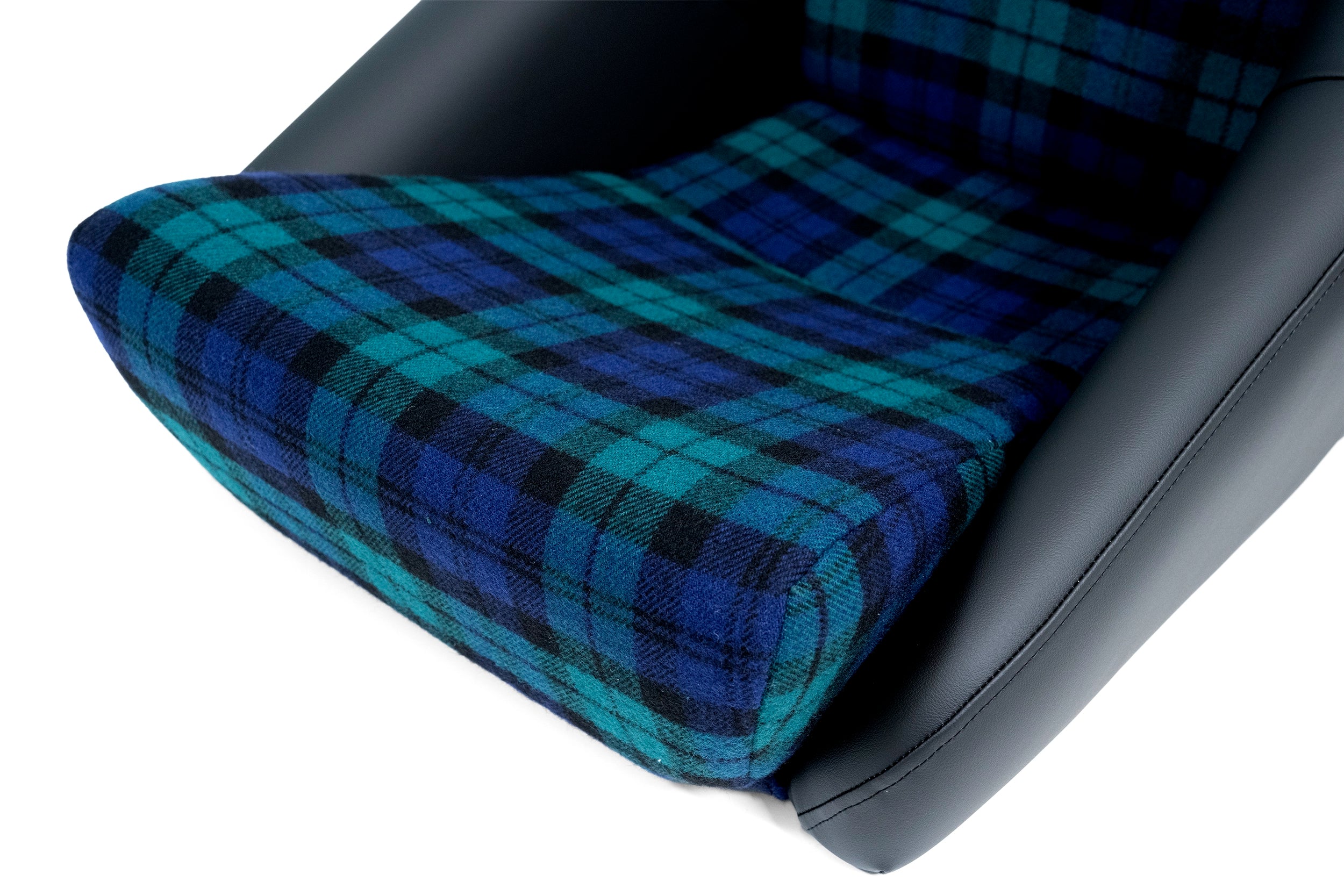 scheel 101 seat in blue green plaid with black bolsters, seat bottom cushion detail