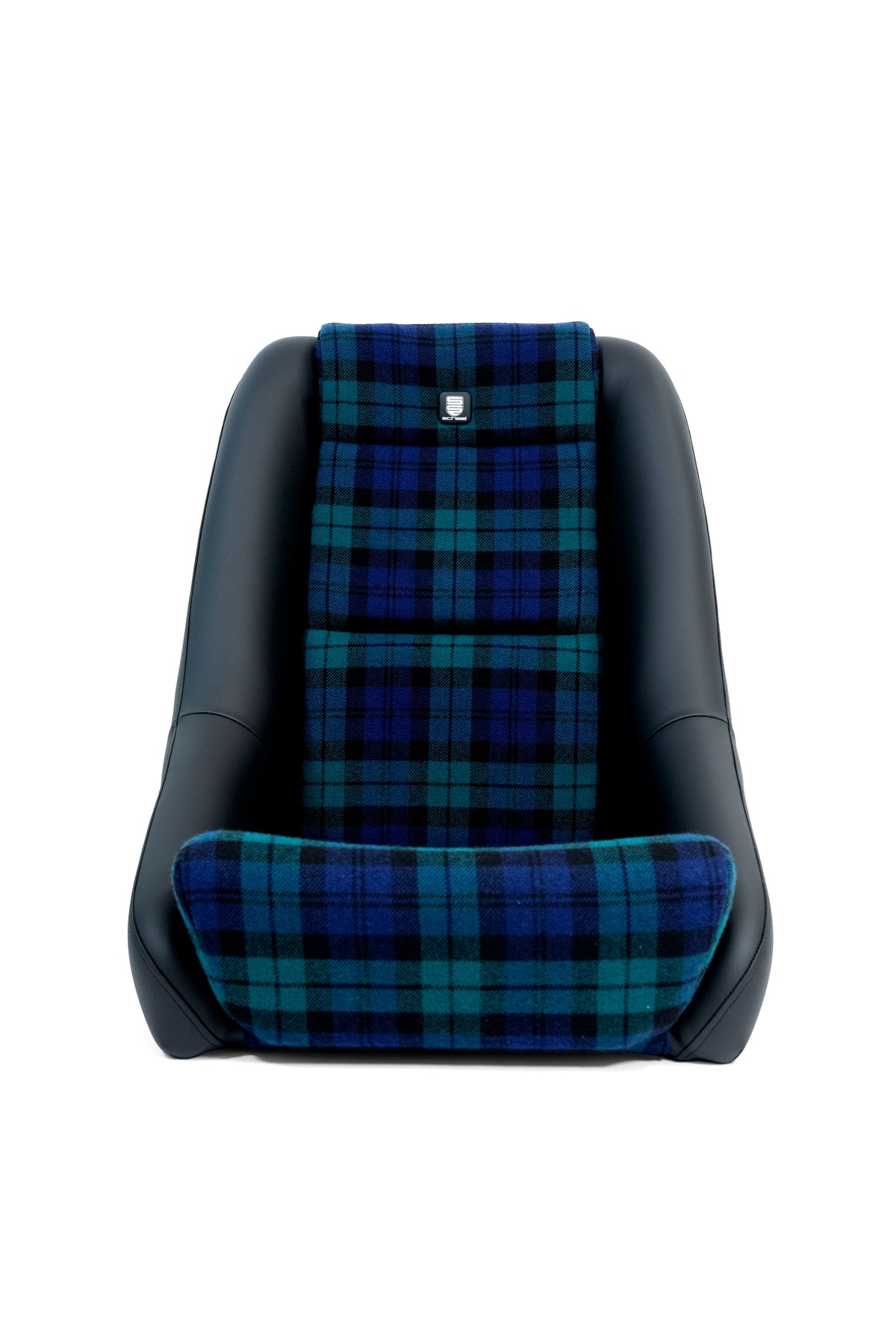 scheel 101 seat in blue green plaid with black bolsters, front facing
