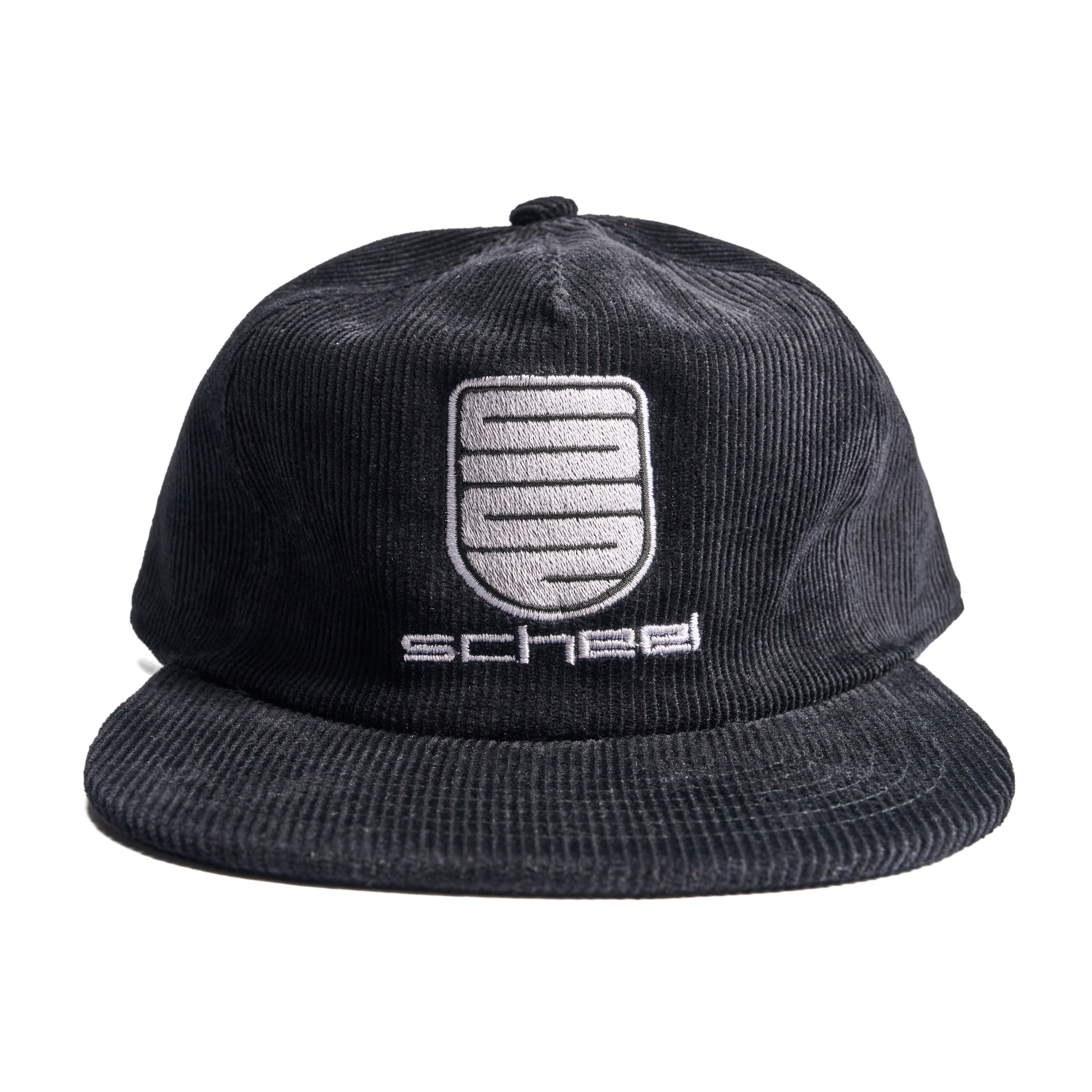 Scheel black hat in corduroy embroidered with white scheel logo front