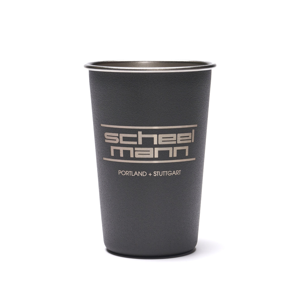 Stainless steel 16oz camp cup painted black with laser etched scheel-mann stacked logo