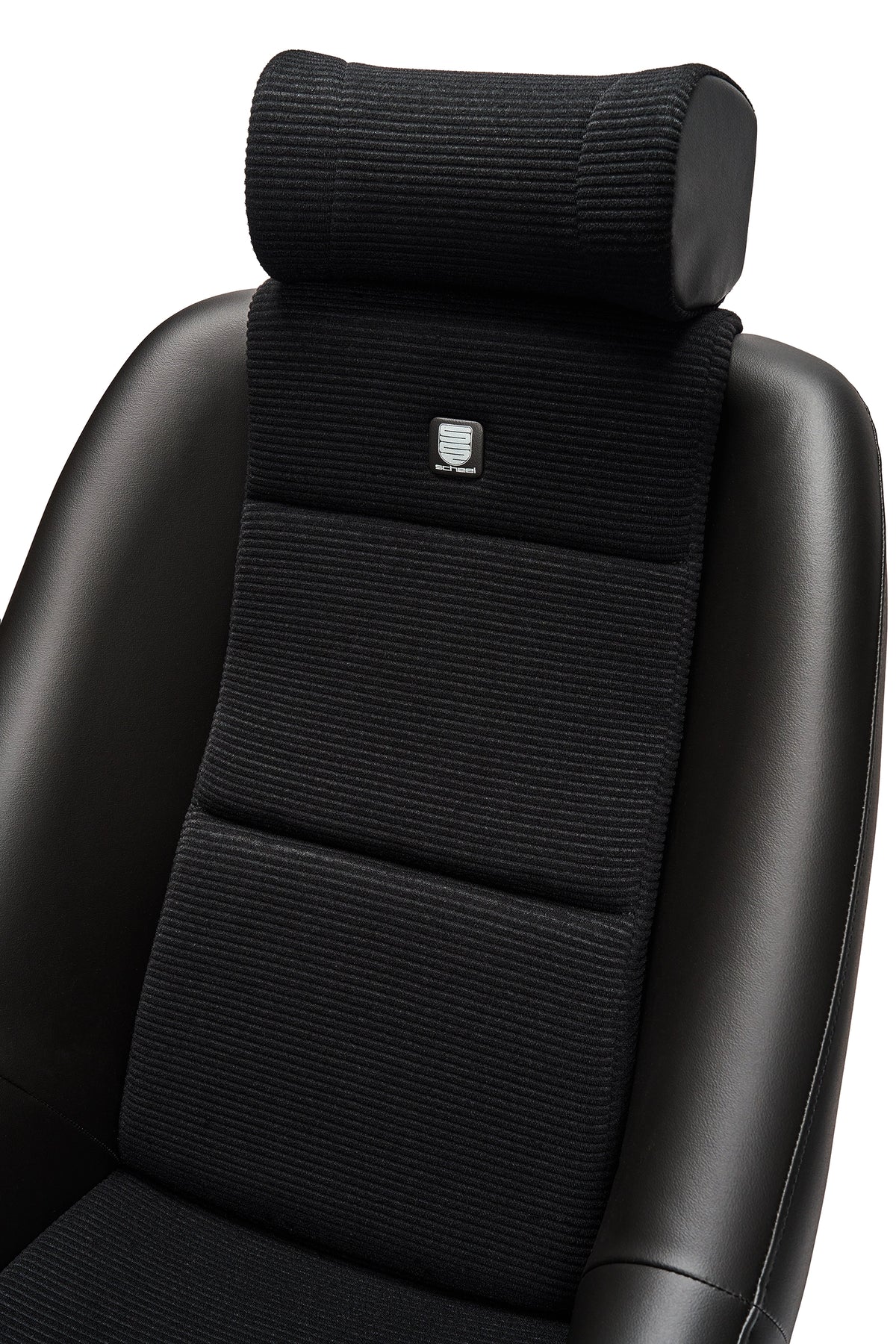 Black scheel 101 seat with black corduroy looking at seat backrest and head rest #color_Black Corduroy