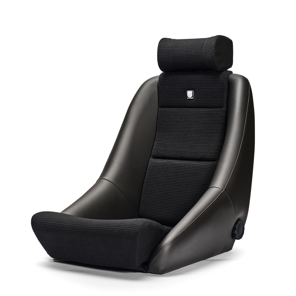 Black scheel 101 seat with corduroy center seat cushion, backrest, and headrest