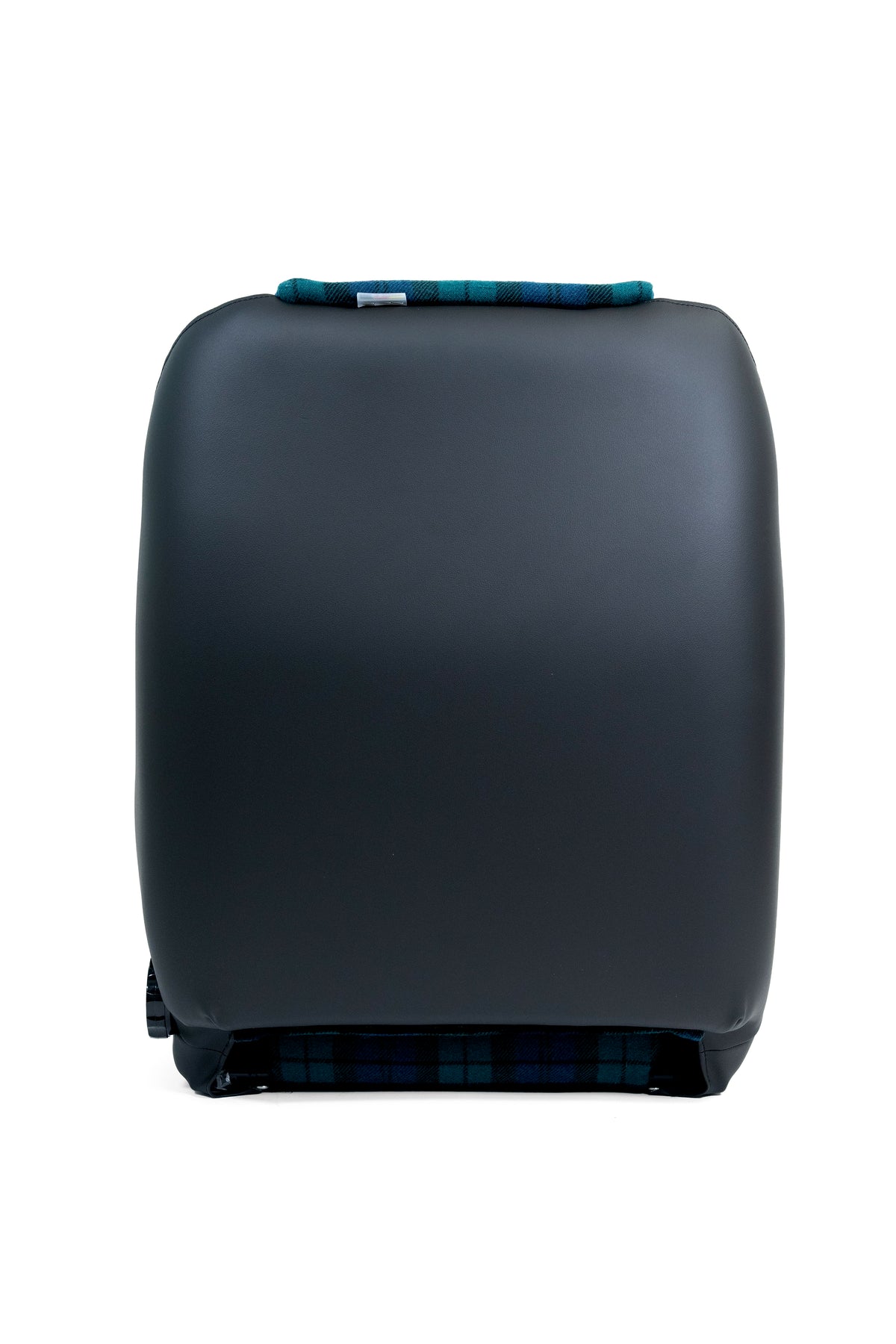 scheel 101 seat in blue green plaid with black bolsters, back side of seat detail