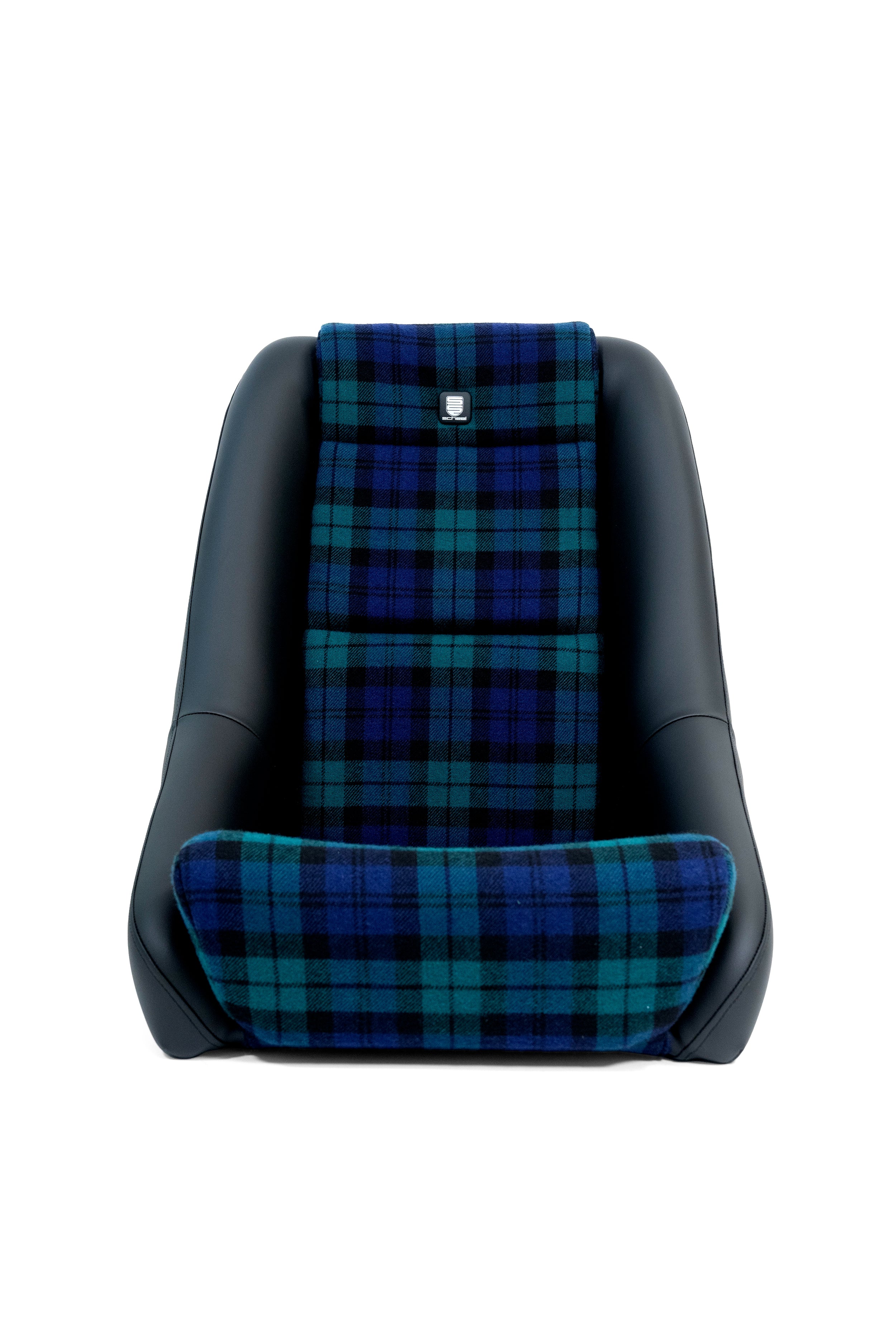 scheel 101 seat in blue green plaid with black bolsters, front facing