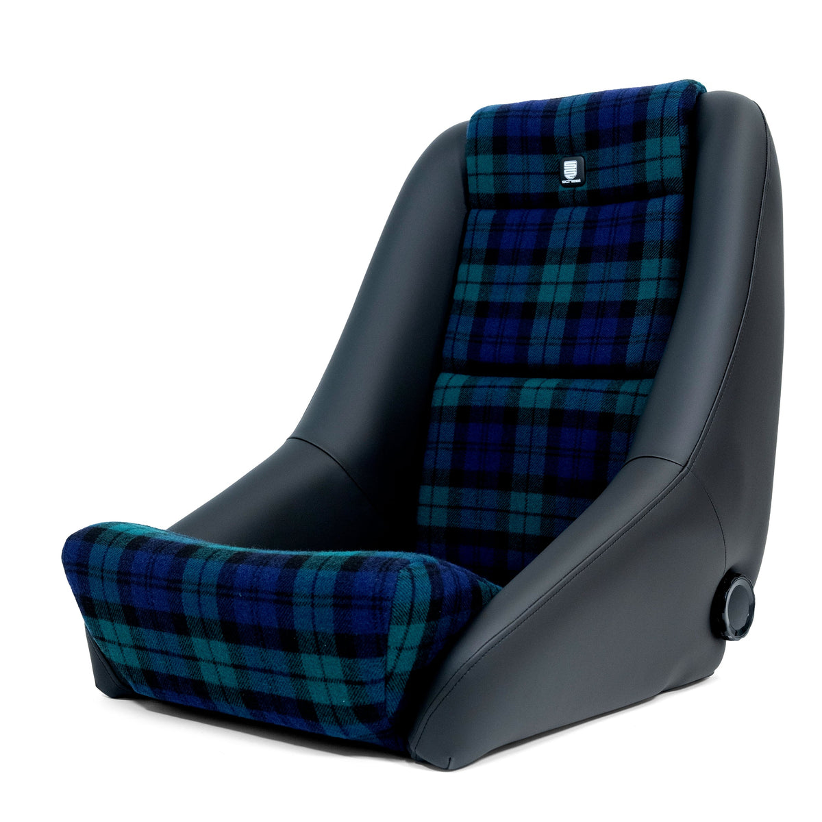 scheel 101 seat in blue green plaid with black bolsters. #color_blue & green plaid