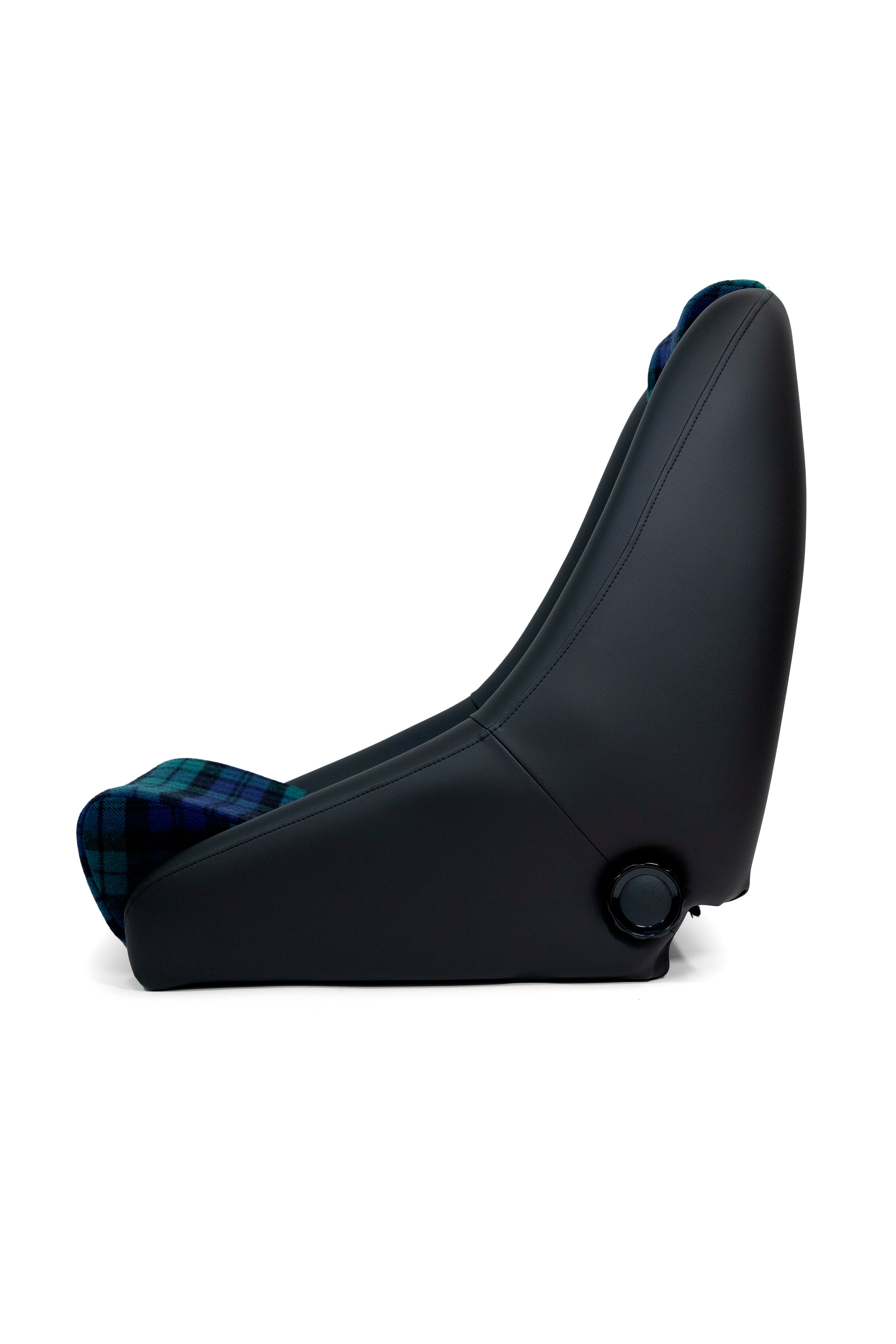 scheel 101 seat in blue green plaid with black bolsters, side profile