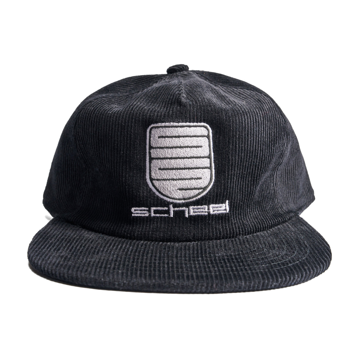 Scheel black hat in corduroy embroidered with white scheel logo front