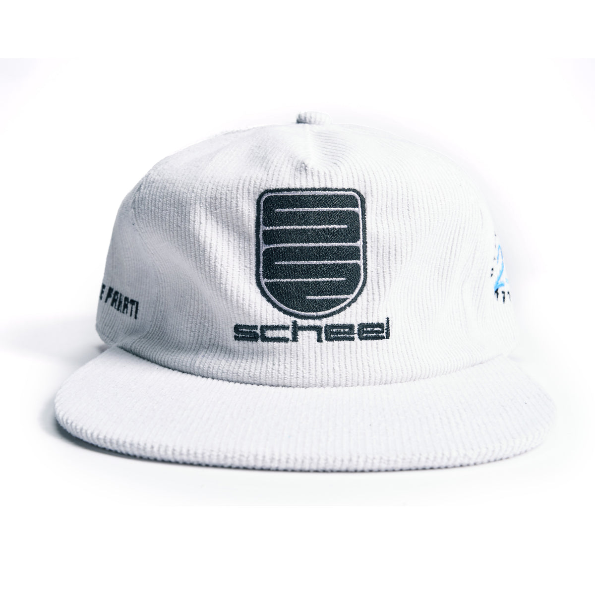 Scheel white hat in corduroy embroidered with Over crest rally 23 on left side and Gute Fart! on right with black scheel logo front