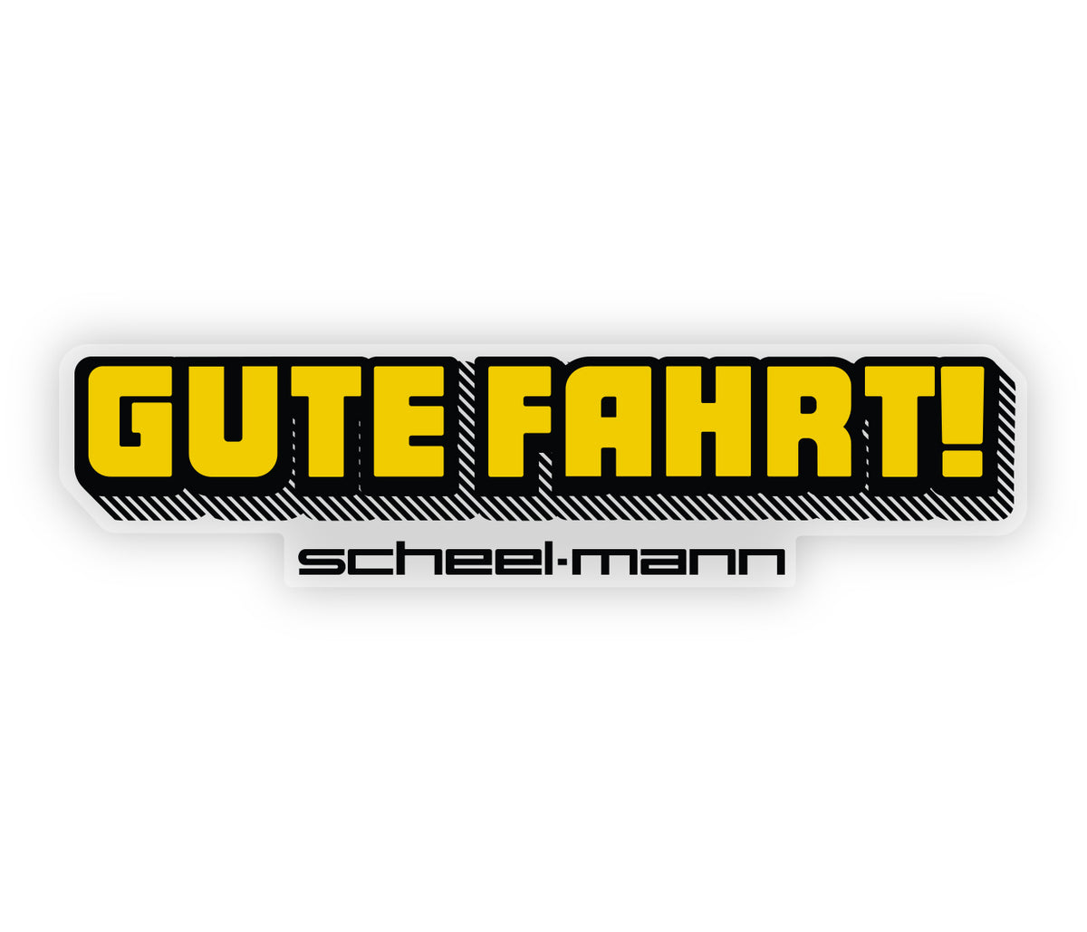 Large clear vinyl sticker with 'Gute Fahrt!' in yellow lettering outlined in black, and the scheel-mann name in black text below.