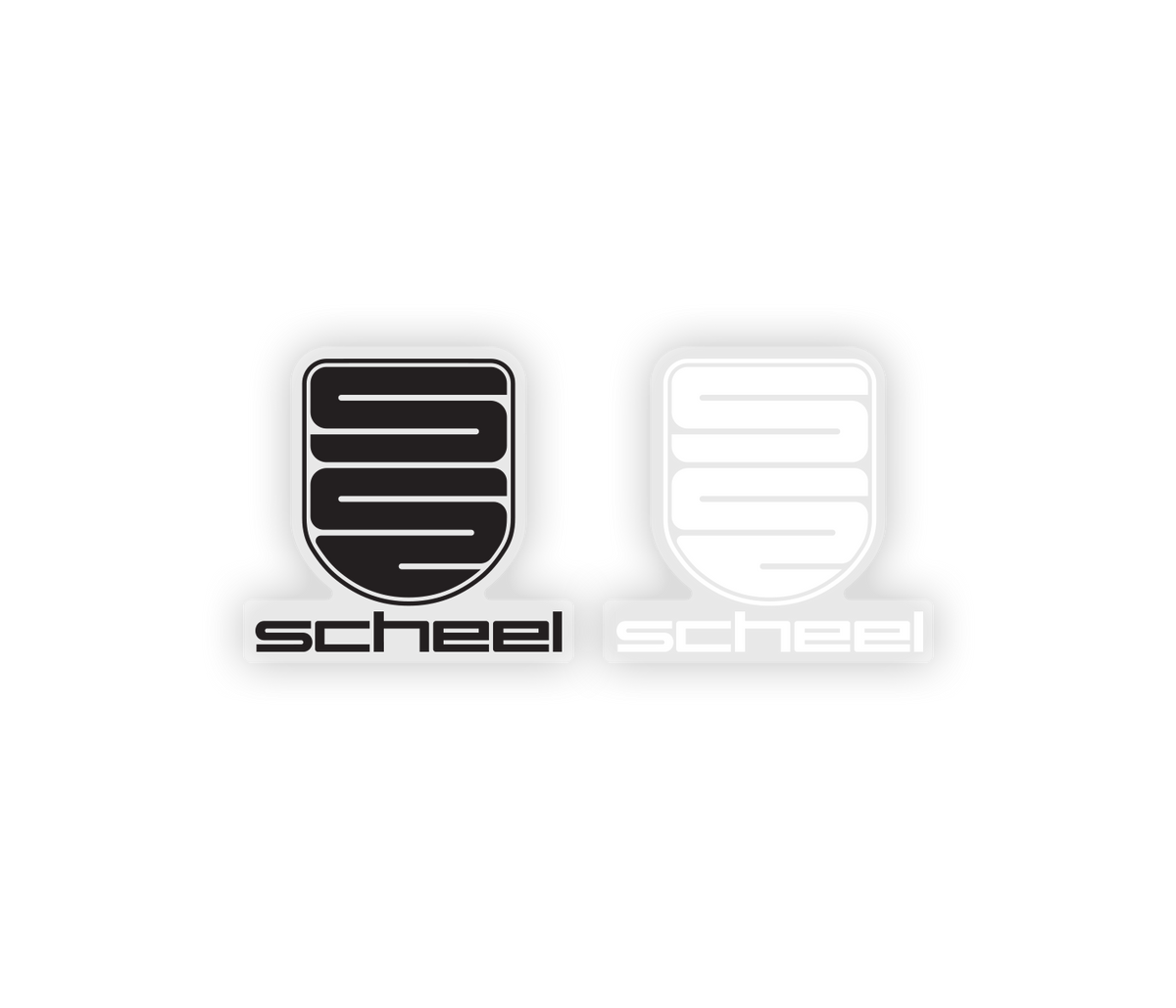 scheel vintage sticker on clear vinyl showing both white scheel logo and black scheel logo