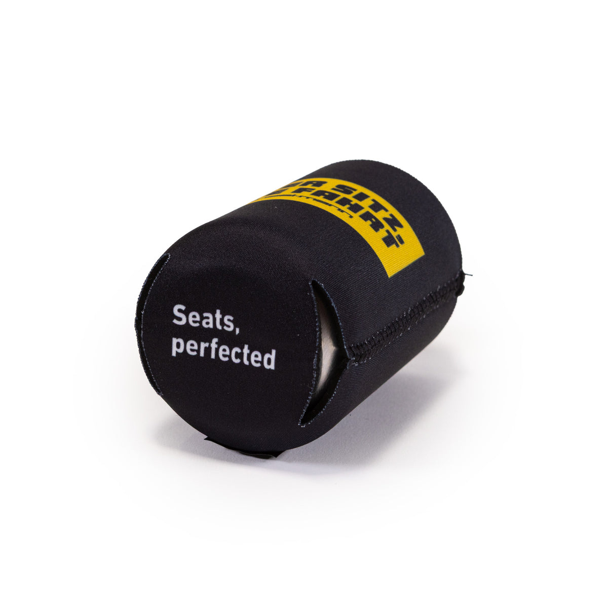 black scheel-mann magnetic koozie, yellow Guter Sitz, Gute Fahrt logo on the side and Seats, Perfected printed on bottom