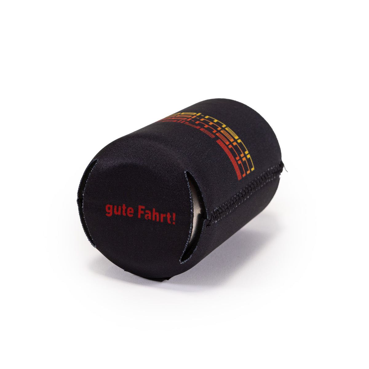 black scheel-mann magnetic koozie, rallye logo on the side and Gute Fahrt! in red printed on bottom