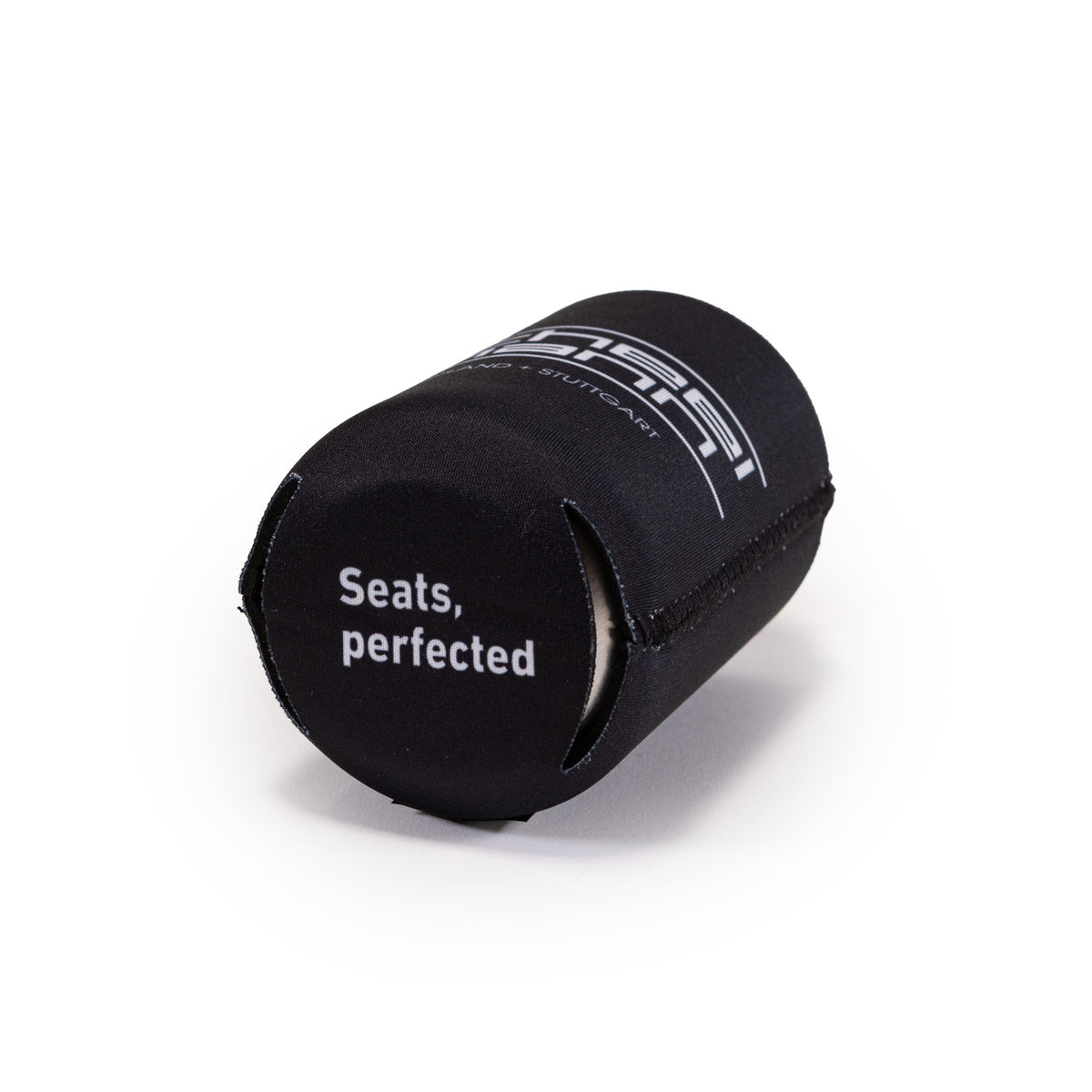 black scheel-mann magnetic koozie, white scheel-mann stacked logo on the side and Seats, Perfected printed on bottom