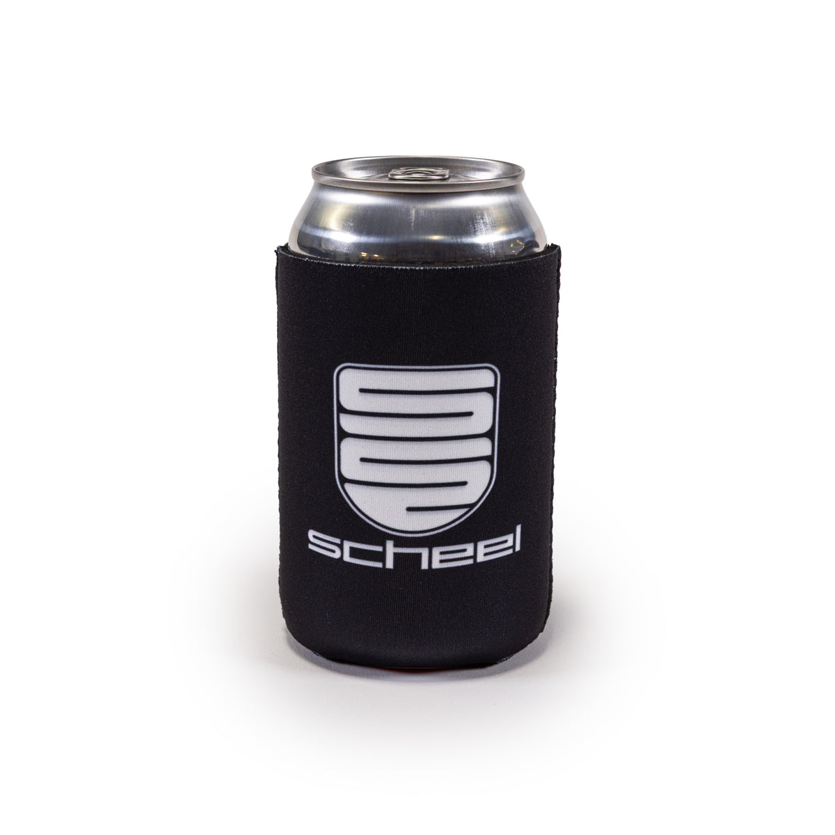 black scheel-mann magnetic koozie, scheel logo on the side