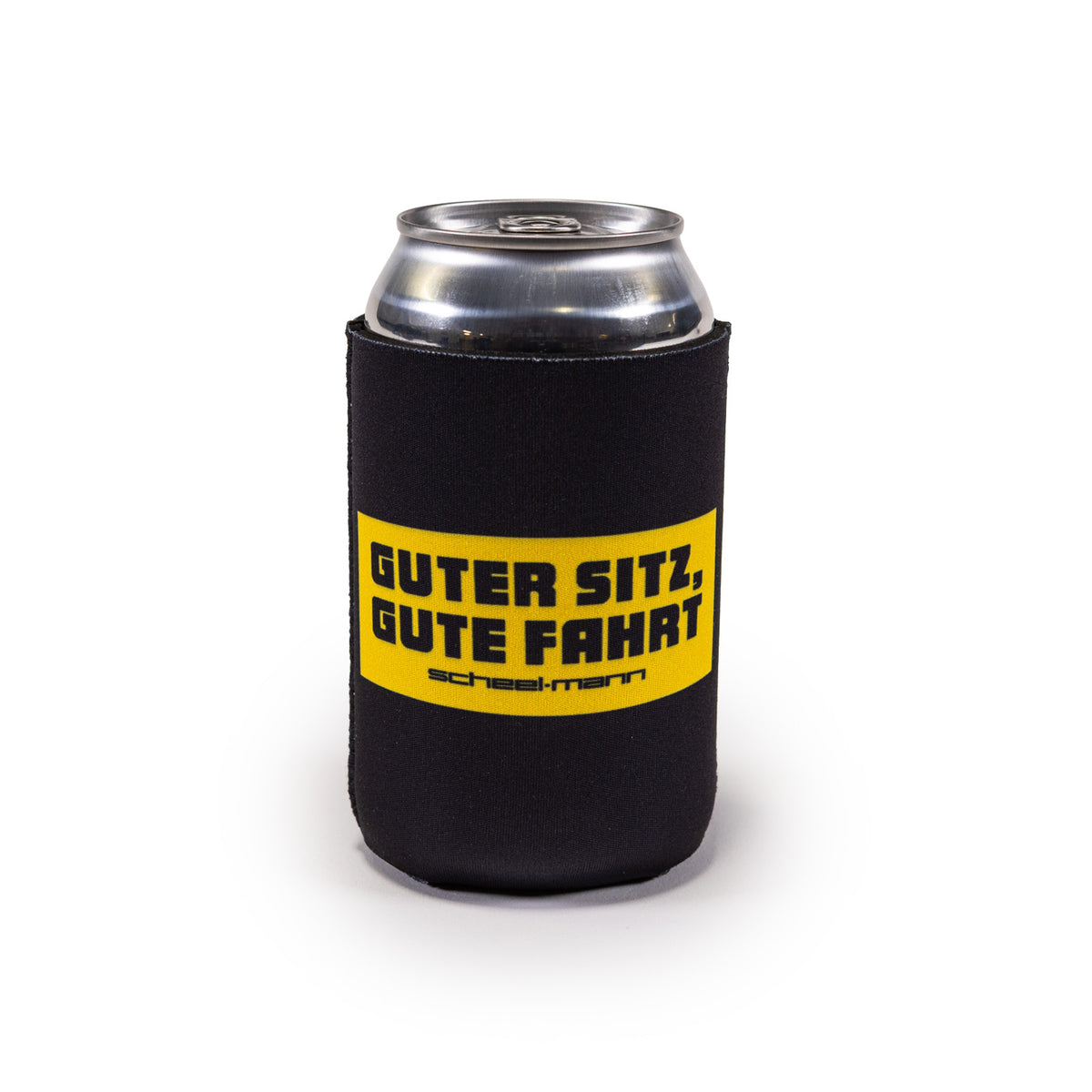 black scheel-mann magnetic koozie, yellow Guter Sitz, Gute Fahrt logo on the side