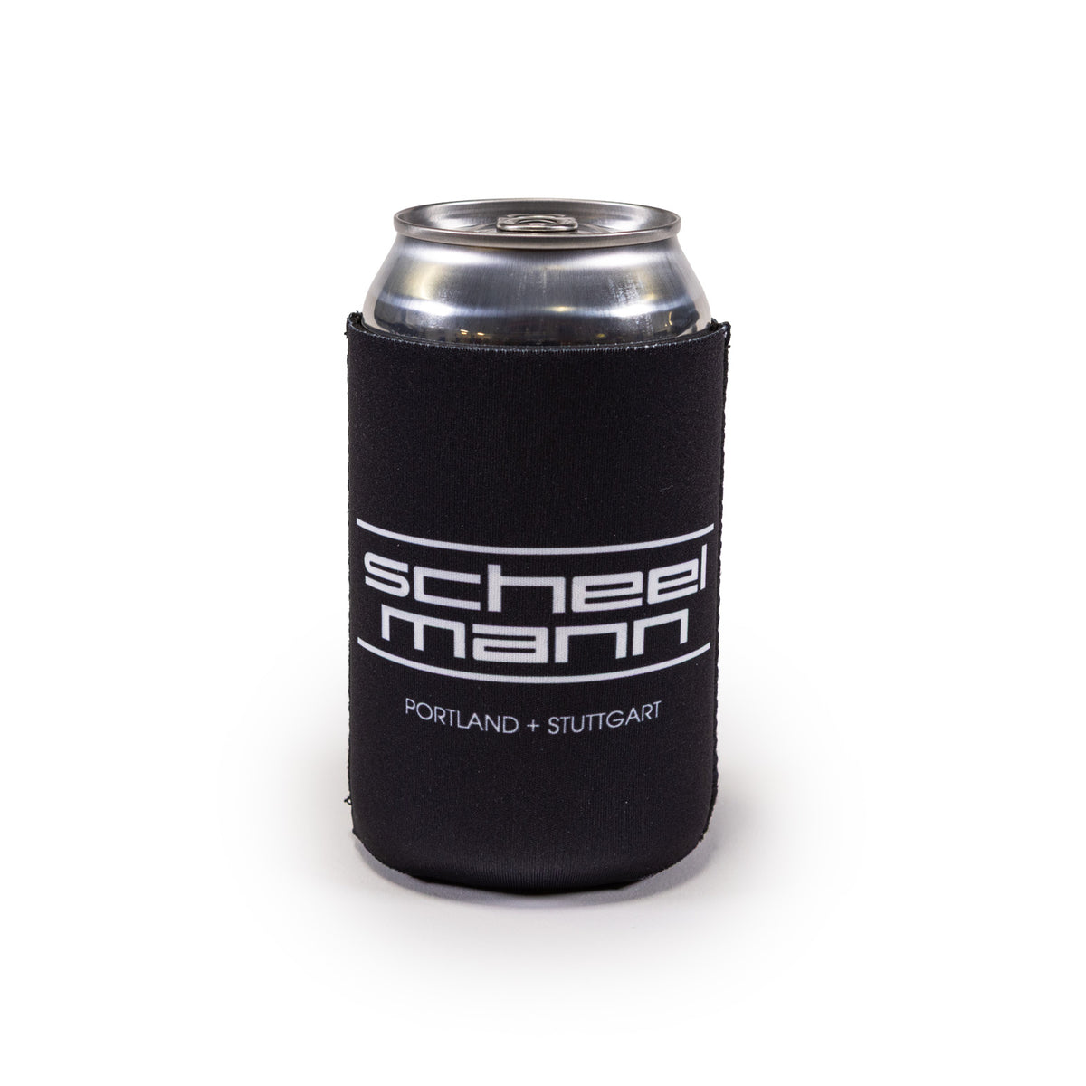 black scheel-mann magnetic koozie, white scheel-mann stacked logo on the side