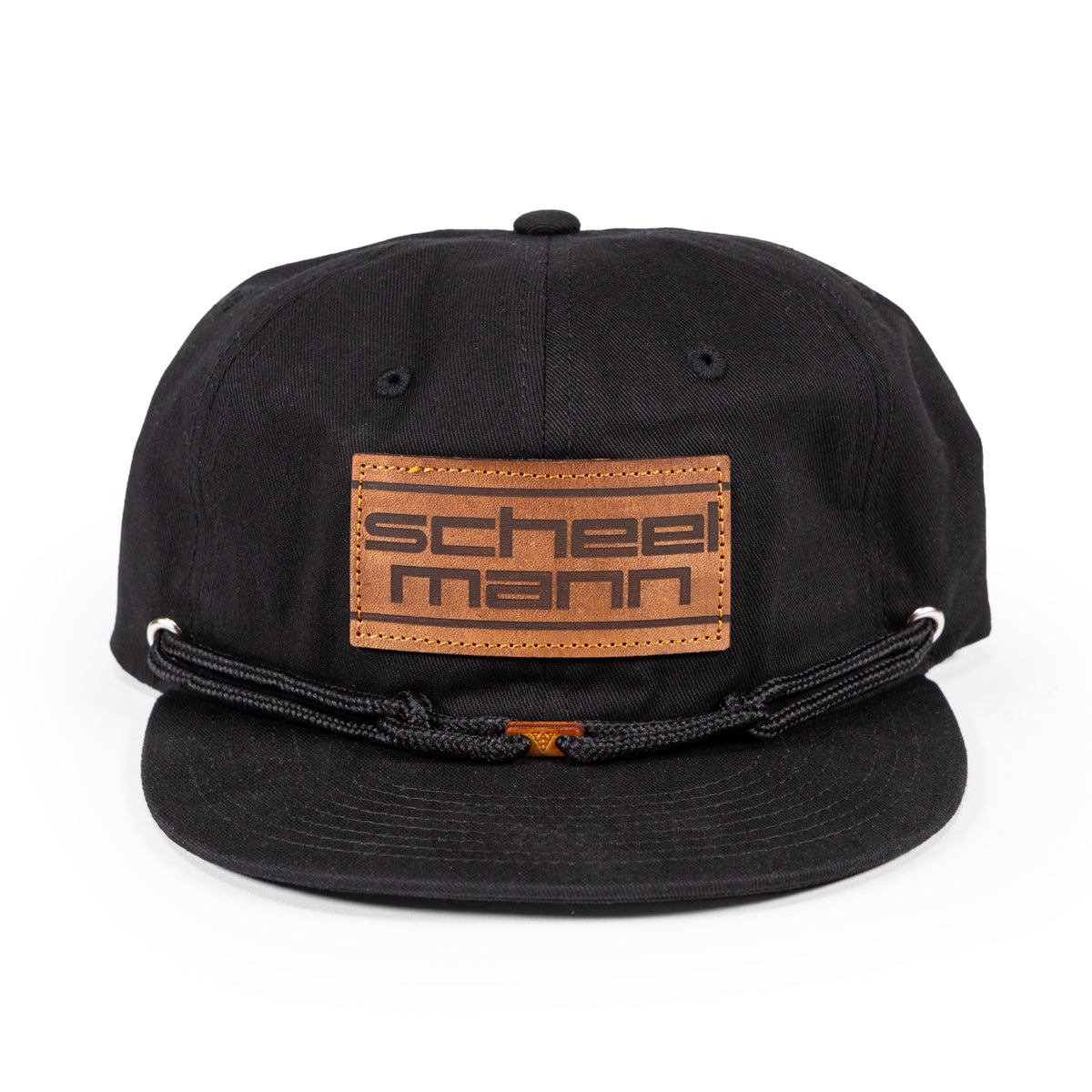 Black unstructured hat with black cord and leather patch with scheel-mann stacked logo