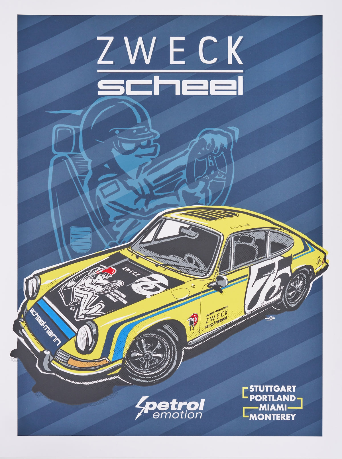 Zweck and scheel collab poster with the Todd W Cook artwork for the 1971 Porsche 911 livery.  Blue poster background with tonal driver character and yellow 911 with the Todd W Cook livery.
